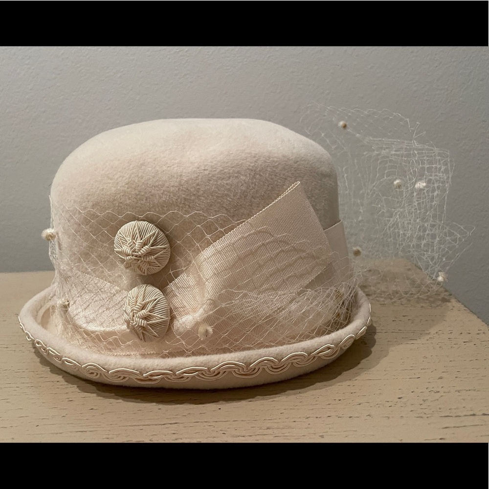 Vintage Drea Kadilak Felt Ivory Hat Chenille Pompom Netting Soutach Buttons NWT